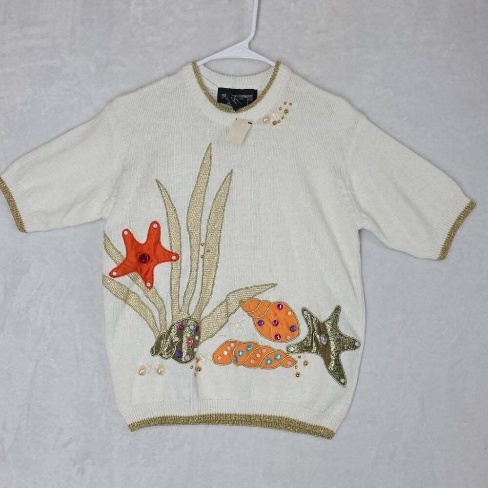 VTG Spree International Petites Womens Seashell Sweater Size S Metallic NWT Flaw